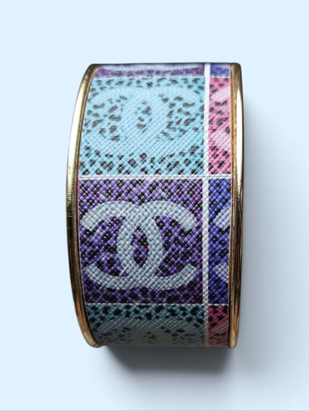 Multicolor Enamel Wide Cuff Bracelet in Blue, Purple & Pink. CC Monogram.